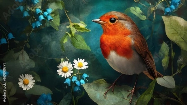 Obraz オレンジ色のロビンが花と緑の葉の背景に止まっています