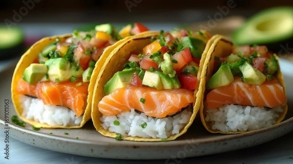 Fototapeta 盛り付けられたサーモンアボカドタコス、白米と鮮やかな野菜を添えて、食欲をそそるディスプレイで提供