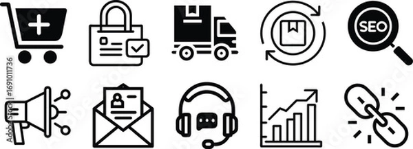 Fototapeta Business & Marketing Icon, Collection of black and white business and marketing icons in silhouette style isolated on white background