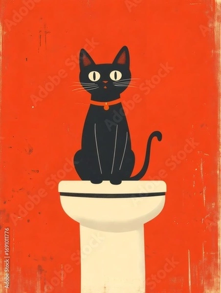 Obraz 黒猫が白い台座に座り赤い背景に描かれたイラスト