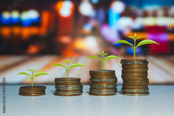 Fototapeta green plant leaves growth on row of coin stack on wood table with green blur background. money saving and investing for business investment finance and banking concept.