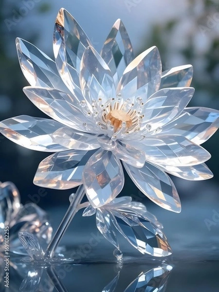 Fototapeta 輝く透明なクリスタルの蓮の花のクローズアップ 水面に反射する光