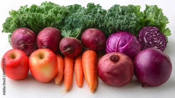 Fototapeta 鮮やかな根菜の静物画、リンゴ、ニンジン、ビーツ、紫キャベツ、白い背景にケール