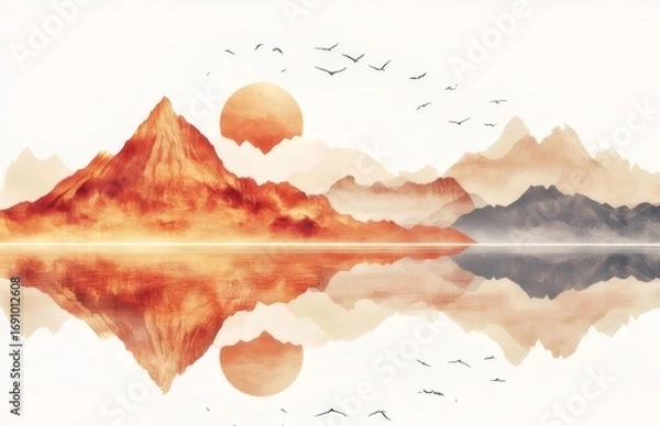 Obraz オレンジ色の山々と穏やかな水面と鳥が飛ぶ幻想的な風景のイラスト