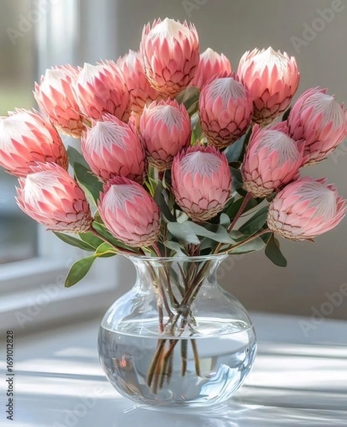 Obraz 淡いピンクのキングプロテアの花束が花瓶に入った穏やかな光景 自然な背景と白い表面