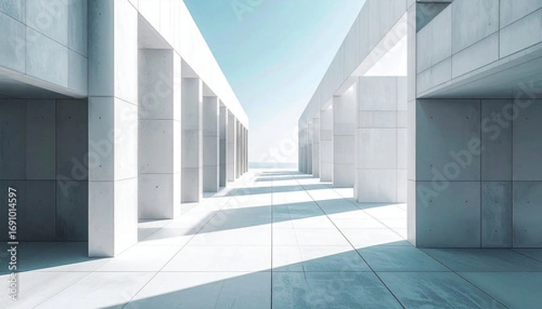 Fototapeta Architectural Expanse A Minimalist Corridor of Concrete Columns Casting Shadows Under a Clear Sky, Evoking a Sense of Modern Serenity and Clean, Geometric Design