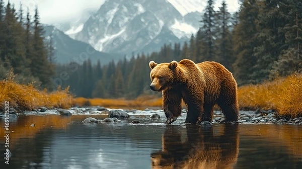 Fototapeta Majestic brown bear walks through a clear mountain stream surrounded by pine forests and reflected in the water against a backdrop of majestic