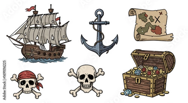 Fototapeta Illustration of a pirate ship anchor treasure map and skull icons set