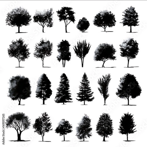 Obraz i need 2d simple and minimalistic photoshop brushes for bush and tree sprite sheet which are black in white background no shade vector art uniform black color