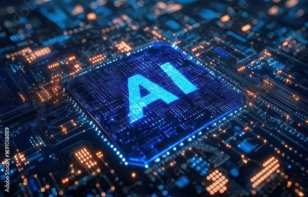 Obraz 青色の人工知能文字が特徴の複雑な回路基板チップと青色とオレンジ色のライトのクローズアップ