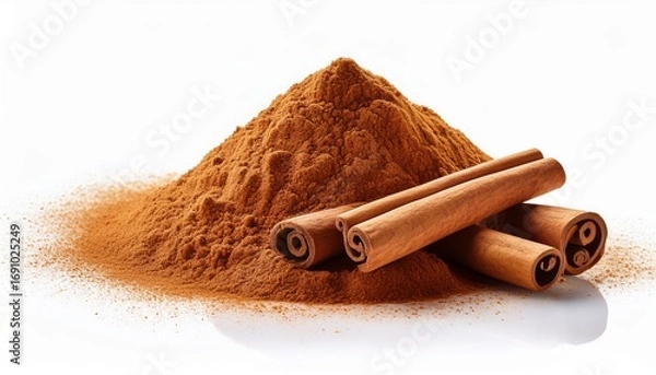 Fototapeta isolated white background of aromatic cinnamon sticks and powder
