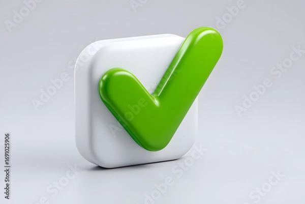 Fototapeta Square pastel 3D green box with white checkmark. Symbol for success, validation, approval, confirmed tasks, online check, and business solutions.