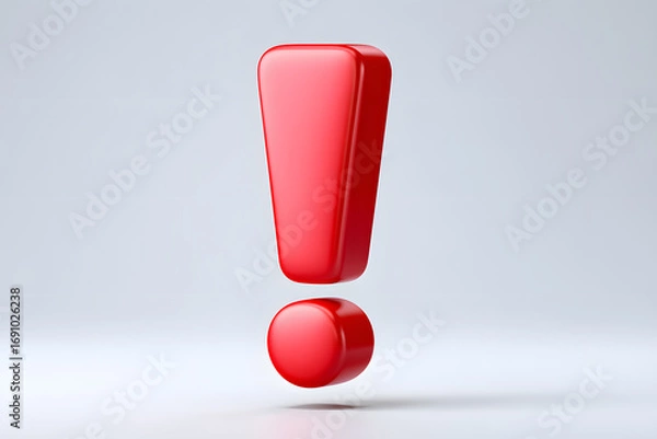 Fototapeta Glossy 3D red exclamation mark on light background. Perfect symbol for alert, caution, warning, attention, and notification projects.