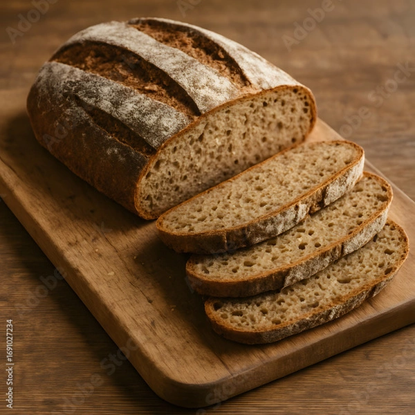 Fototapeta Freshly Baked Artisan Sourdough Bread on Wooden Board