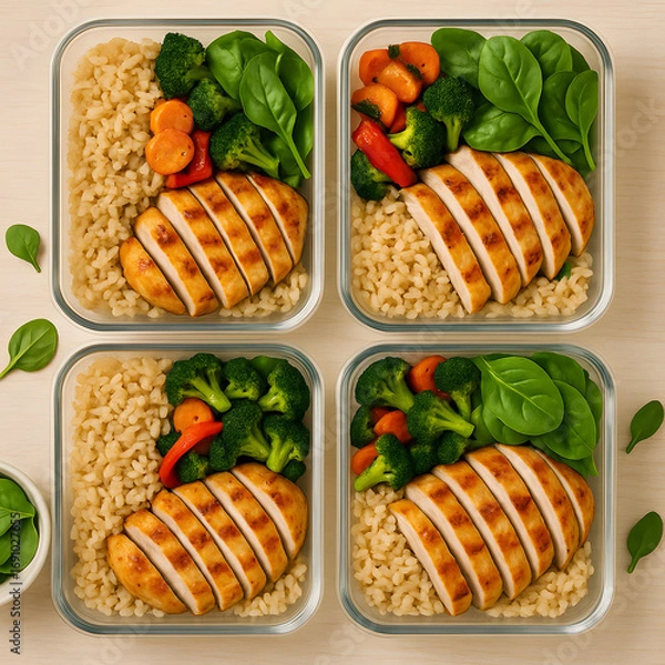 Fototapeta Balanced meal prep containers with chicken rice spinach and vegetables