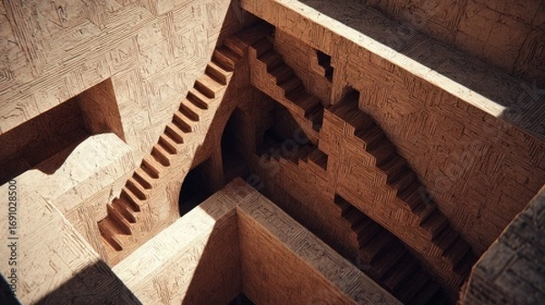 Fototapeta Intricate, sun-drenched, ancient subterranean chambers with multiple stairways