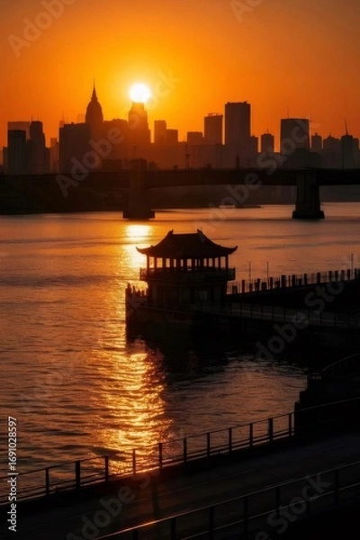 Fototapeta オレンジ色の夕焼けに染まる水辺の寺院と都市のシルエット