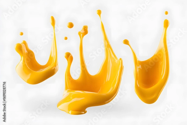 Fototapeta Yellow paint splash isolated on white background. Creative liquid splash effect for design, advertising, mockups, or abstract artistic concept.