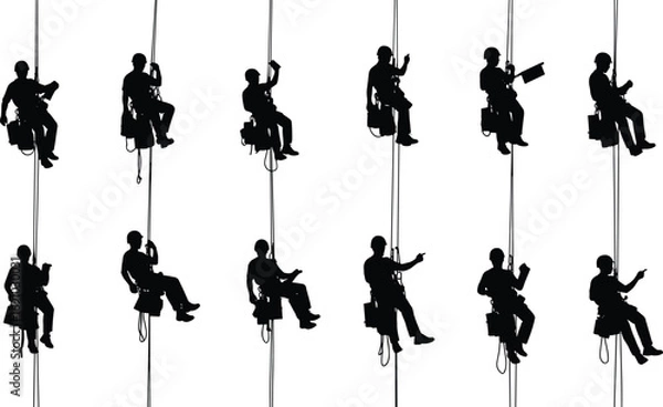 Fototapeta Silhouettes of rope access workers using harnesses and safety gear while suspended, performing maintenance or inspection at height.