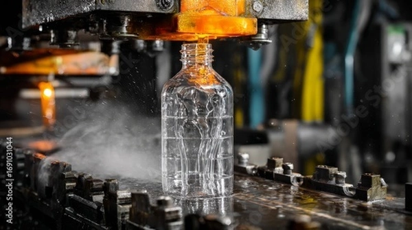 Fototapeta Transparent plastic bottle being formed in injection molding machine with steam