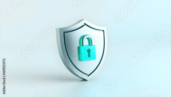 Fototapeta 3D rendering of a white shield with a teal lock.