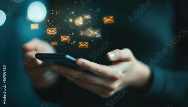 Fototapeta Using Mobile Phones To Send Emails On Social Networks And Promote Products Or Services – A Guide To Email Marketing.