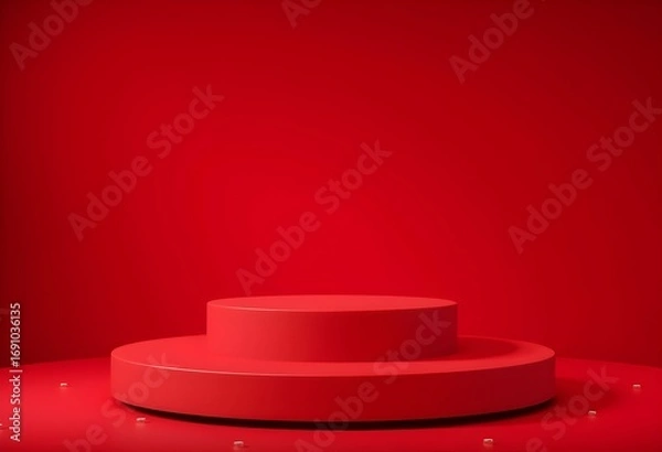 Fototapeta A minimalist red two-tiered cylindrical podium for product display on a matching red background.