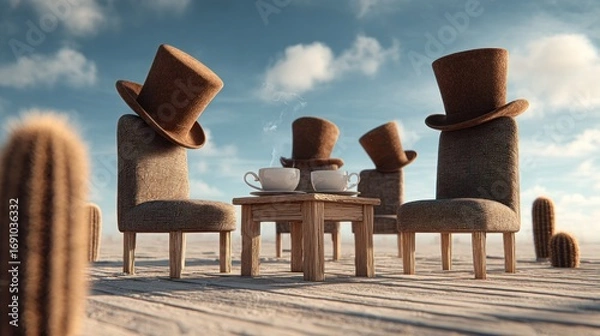 Fototapeta Desert tea party with chairs and hats