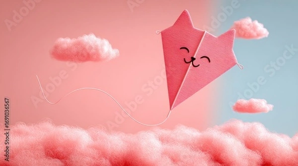 Fototapeta Pink kite with cat face, floating above fluffy clouds