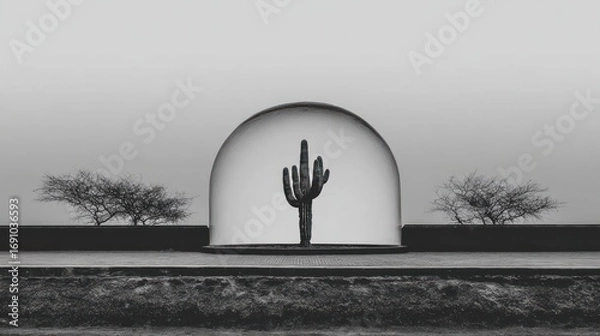 Fototapeta A grayscale desert scene. A saguaro cactus protected in a glass dome