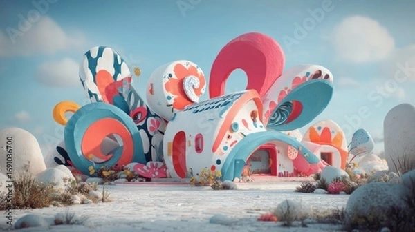 Fototapeta Whimsical, colorful house with floral design