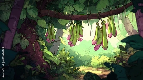 Fototapeta Lush jungle path with vibrant pods