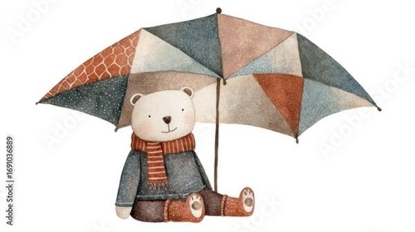 Fototapeta Cute bear sits under colorful umbrella