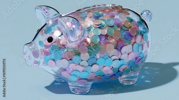 Fototapeta Clear piggy bank, filled with colorful coins, on a light blue background