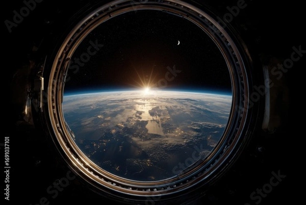Obraz Sunrise over Earth viewed through a space station window