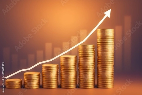 Fototapeta Stack of coin money with account book, finance and banking concept for background, business graph with golden coins