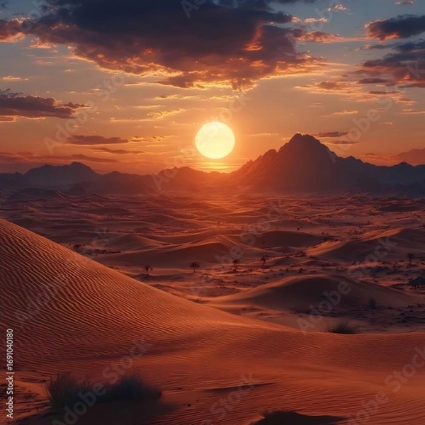 Fototapeta 砂漠の夕焼け 砂丘 山並みが広がる風景 オレンジ色の空 穏やかな光