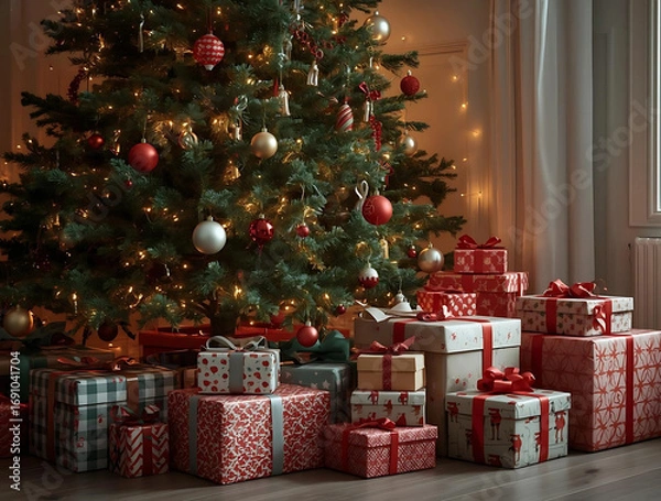 Fototapeta a large Christmas tree decorated with Christmas balls, lights, stars in the middle of the living room with lots of Christmas presents underneath