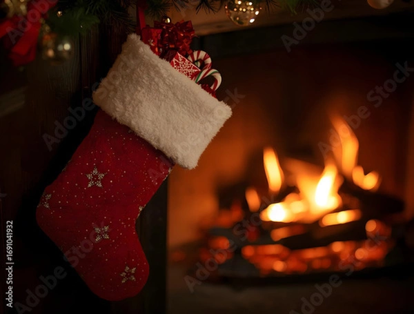 Fototapeta A cozy living room decorated for Christmas with a Christmas tree, gifts, Christmas stockings on the fireplace. a warm fireplace