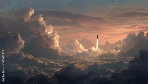 Obraz Rocket launching through a dramatic sky filled with clouds at sunset