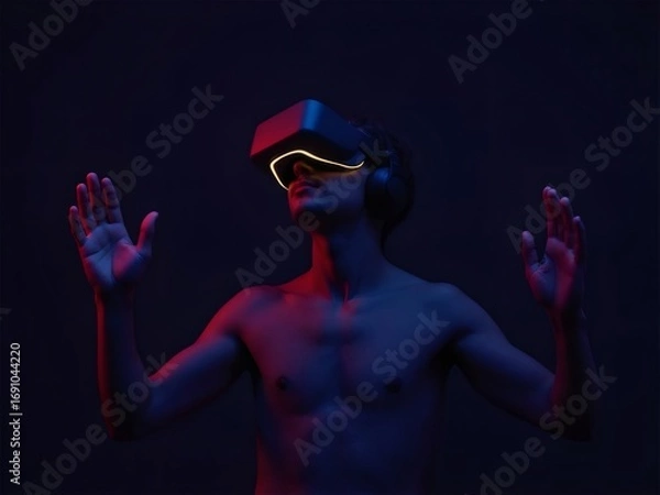 Fototapeta Man Wearing Black VR Headset Immersed in Digital World with Red and Blue Lighting Against Dark