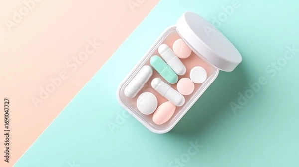 Fototapeta Assorted pills in a container on a pastel background offering a clean and modern look for healthcare advertising