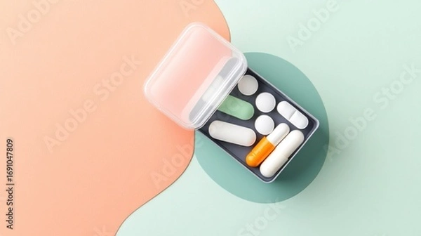 Fototapeta Colorful pills and capsules in a plastic pill organizer on a pastel background for medication management and health