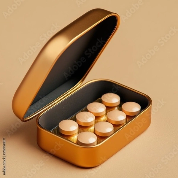 Fototapeta Golden pill box with beige tablets for medication and health supplements on a neutral background