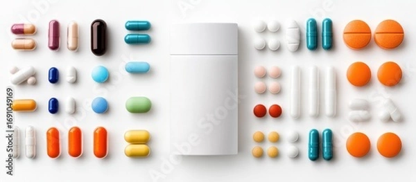 Fototapeta Assorted colorful pills and capsules arranged around a white bottle on a clean white surface for pharmaceutical advertising