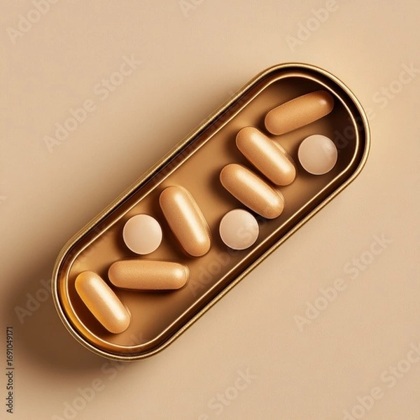 Fototapeta Golden pills and round tablets in a golden tray against a beige background representing health and wellness products