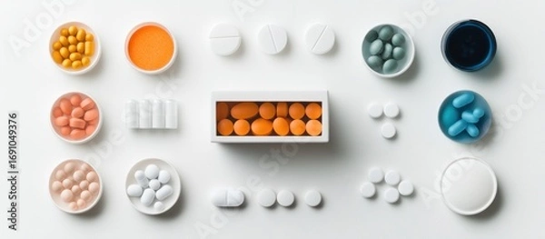 Fototapeta Assorted colorful pills and capsules arranged on a white surface showcasing pharmaceutical diversity and medication options