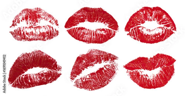 Fototapeta Set of red lipstick kiss marks, isolated on transparent cutout background
