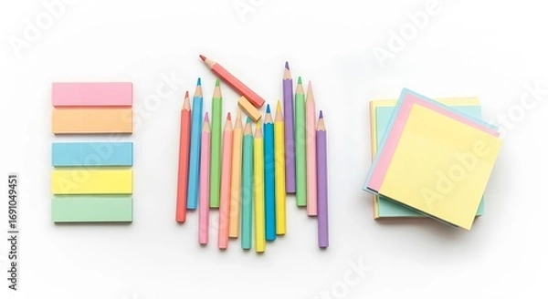 Fototapeta Colorful pencils and sticky notes isolated on white background