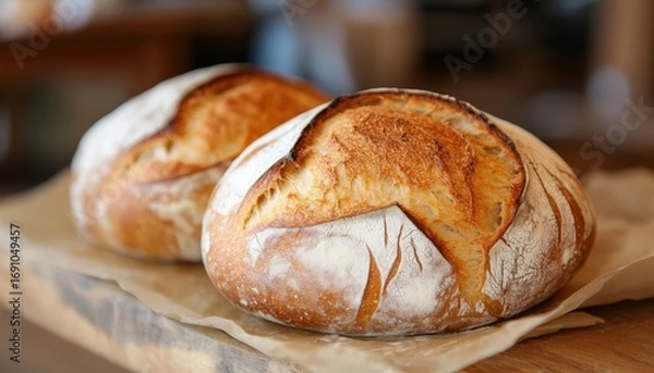Fototapeta Delicious Aroma Of Newly Baked Loaves Of Bread. Enjoy The Warmth And Fluffy Texture Of Recently Made Bread With Every Bite.